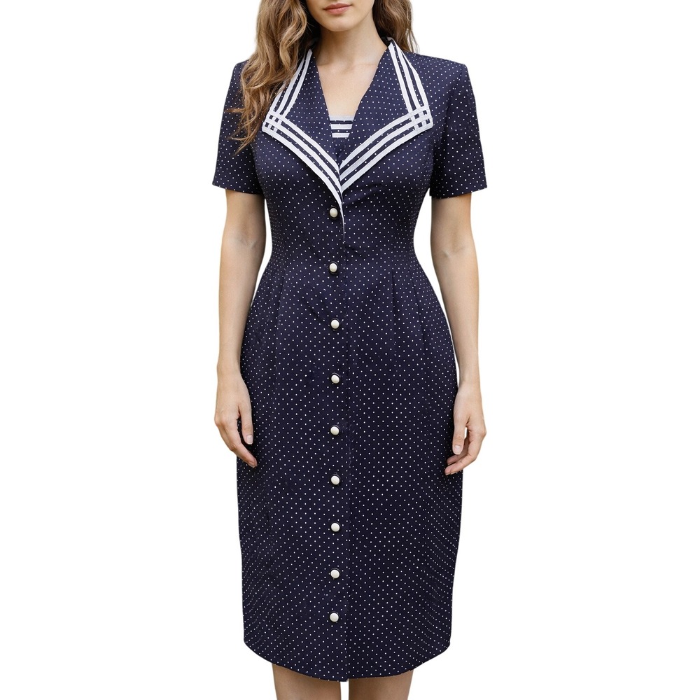 Vintage 90s Navy Polka Dot Midi Dress‎ Tailored Minimalist Nautical Collar